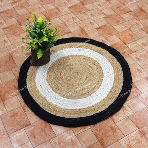 Handwoven Jute Round Rug: Black & White Bohemian Decor