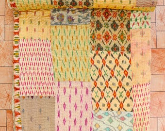 Handmade Silk Patola Kantha Quilt: Reversible Vintage Indian Throw
