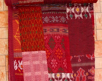 Handmade Silk Patola Kantha Quilt: Reversible Upcycled Saree Throw
