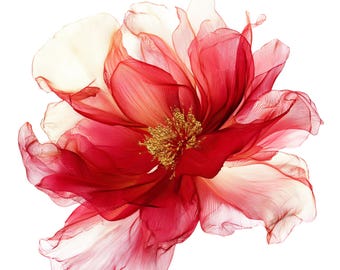 May include: A close-up of a vibrant, layered flower with delicate, translucent petals. The flower transitions from a deep red to a soft white hue, with a golden center. The petals have a flowing, airy quality, creating a sense of movement.