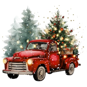 Watercolor Red Truck Christmas Clipart: Tree & Gifts (Digital Download - 12 PNGs)