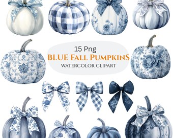 Blue Toile Pumpkin Clipart: Watercolor Chinoiserie PNG (Digital Download)