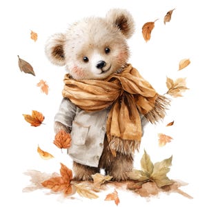 Puede incluir: Ilustración en acuarela de un oso de peluche con una bufanda marrón y un abrigo gris claro, rodeado de hojas de otoño cayendo. El oso tiene una expresión amigable y mejillas rosadas, evocando un tema acogedor y estacional.
