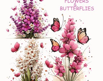 Clipart de flores y mariposas: flores amarillas, rosas y azules (descarga digital - 20 PNG)