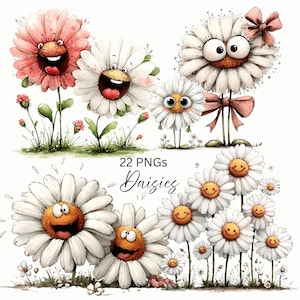 Peut inclure: Illustrations de marguerites fantaisistes avec des visages souriants, de différentes tailles et poses. Certaines marguerites ont des accents roses, d'autres sont blanches. Le texte "22 PNGs Daisies" est inclus.