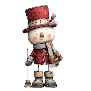 May include: A whimsical snowman illustration. The snowman wears a red top hat with star accents, a matching coat, and a striped scarf. He holds a small broom and is wearing boots. The design has a vintage, hand-drawn aesthetic, perfect for holiday decor.