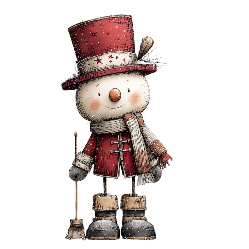 May include: A whimsical snowman illustration. The snowman wears a red top hat with star accents, a matching coat, and a striped scarf. He holds a small broom and is wearing boots. The design has a vintage, hand-drawn aesthetic, perfect for holiday decor.