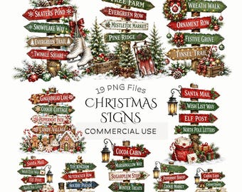 クリスマスの道標クリップアートセット：水彩画風北極標識PNG、素朴なホリデー方向指示標識（デジタルダウンロード - PNGファイル19点）