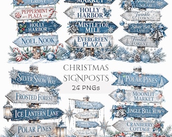 青いクリスマスの標識クリップアートセット：水彩画風の青い冬のPNG画像、ホリデー方向指示標識（デジタルダウンロード - PNG画像24点）