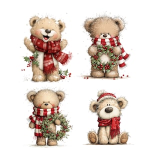Christmas Bears Clipart: Festive Holiday Graphics (Digital Download - 30 PNGs)

Bring holiday cheer to your projects with this adorable 30 Christmas Bears Clipart collection! Each bear is illustrated in a whimsical festive style, featuring cozy pajamas, Santa hats, scarves, gift boxes, candy canes, ornaments, and more. Perfect for Christmas cards, invitations, gift tags, stickers, mugs, t-shirts, scrapbooking, and digital designs.