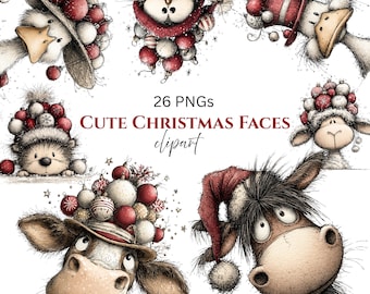 Süße Tiere Weihnachtscliparts: Festliche Feiertagsgrafik (Digitaler Download - 26 PNGs)