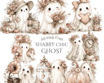 Shabby Chic Ghost Clipart Bundle: Cute Fall Ghost, Blush Pink Halloween Watercolor, Cottagecore Autumn (Digital Download - 40 PNGs)