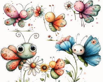 Puede incluir: Ilustración en acuarela de varias mariposas de dibujos animados con caras sonrientes y alas coloridas. Las mariposas sostienen flores y están rodeadas de otras flores pequeñas. La paleta de colores incluye rosa, naranja, azul y verde.