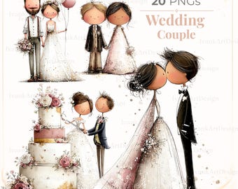 Imágenes prediseñadas de pareja de novios: Ilustración romántica de novios, imágenes prediseñadas de amor en acuarela, despedida de soltera/compromiso (Digital - 20 PNG)