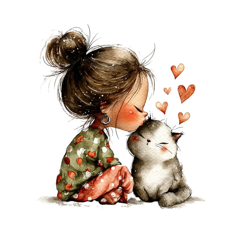Whimsical Girl and Cat Love Clipart: Nursery Graphics (Digital Download - 24 PNGs)

A charming collection of clipart illustrations featuring a sweet, wide-eyed girl and her cute cat friend. Each illustration is designed with gentle lines, soft shading, and a dreamy, enchanted feel—perfect for children’s décor, invitations, stickers, scrapbooking, and nursery art.