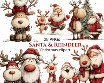 Santa & Reindeer Christmas Clipart: Festive Holiday Graphics (Digital Download - 28 PNGs)