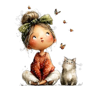 Whimsical Girl and Cat Love Clipart: Nursery Graphics (Digital Download - 24 PNGs)

A charming collection of clipart illustrations featuring a sweet, wide-eyed girl and her cute cat friend. Each illustration is designed with gentle lines, soft shading, and a dreamy, enchanted feel—perfect for children’s décor, invitations, stickers, scrapbooking, and nursery art.