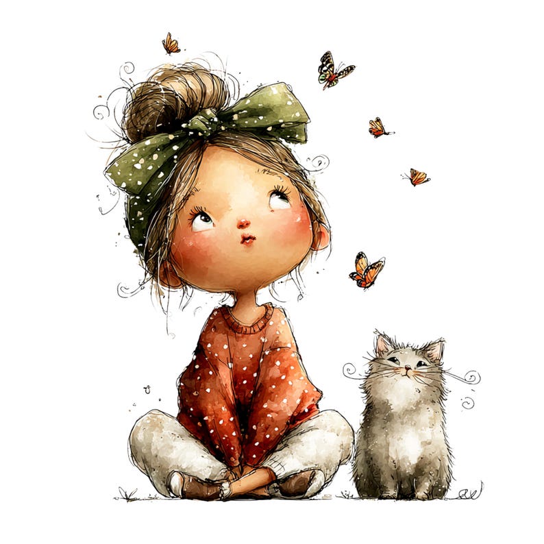 Whimsical Girl and Cat Love Clipart: Nursery Graphics (Digital Download - 24 PNGs)

A charming collection of clipart illustrations featuring a sweet, wide-eyed girl and her cute cat friend. Each illustration is designed with gentle lines, soft shading, and a dreamy, enchanted feel—perfect for children’s décor, invitations, stickers, scrapbooking, and nursery art.