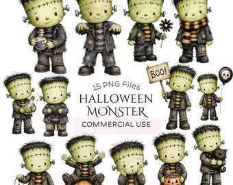 ハロウィンモンスターPNGクリップアート：水彩画風の不気味なキャラクター、子供向けハロウィン昇華プリント、商用利用可能（デジタルダウンロード - PNGファイル15点）