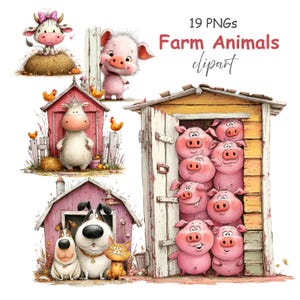Puede incluir: Ilustración digital con varios animales de granja. La imagen incluye una vaca, un cerdo, una oveja, perros, un gato y gallinas. El texto "19 PNGs Farm Animals clipart" se muestra en rojo y negro.