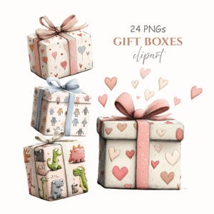 Puede incluir: Ilustración en acuarela de cuatro cajas de regalo con varios diseños. Una caja presenta corazones, otra robots y una tercera dinosaurios. Cada caja está atada con una cinta. La imagen también incluye corazones flotantes y el texto "24 PNGs GIFT BOXES clipart."