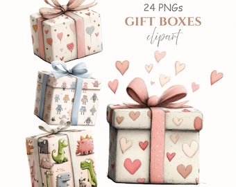 May include: A watercolour illustration of four gift boxes. The boxes are decorated with hearts, robots, and dinosaurs. Each box is tied with a ribbon. The image also includes floating hearts and the text "24 PNGs GIFT BOXES clipart."