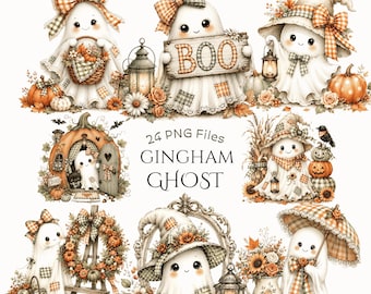 Gingham Ghost Clipart Bundle: Cute Halloween Ghost Graphics, Fall Autumn Watercolor Images, Cottagecore Ghosts (Digital Download - 24 PNGs)