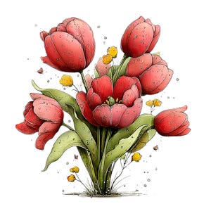 Spring Tulip Flowers Clipart: Whimsical Floral Graphics (Digital Download - 24 PNGs)

A whimsical tulip flowers clipart illustration bursting with playful elegance and fairy-tale charm. The tulips stand tall with gently swaying stems, their rounded petals curling and overlapping in exaggerated, storybook shapes