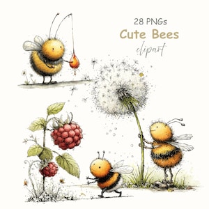 May include: Watercolor illustration of cute bees. One bee is fishing for honey, another is pushing a dandelion, and a third is walking. The image includes raspberries and the text "28 PNGs Cute Bees clipart."