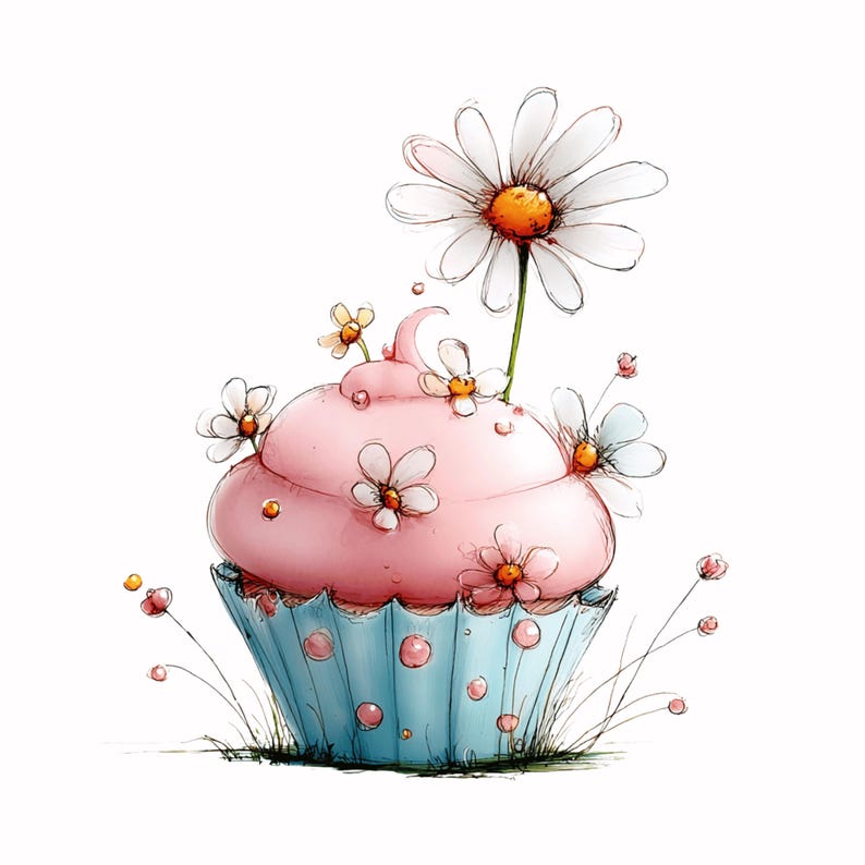 May include: An illustrated cupcake with pink icing and a blue paper case, decorated with white daisies and small flowers. The cupcake has delicate details and a touch of grass.