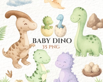 Watercolor Baby Dinosaur Clipart PNG: Nursery Decor (Digital Download)