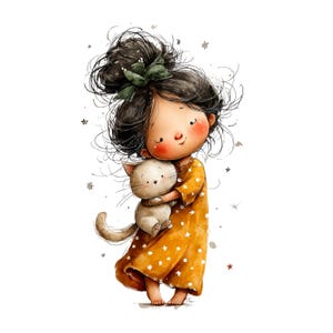 May include: A digital illustration of a young girl with dark hair in a bun, wearing a mustard yellow dress with white polka dots, hugging a white cat. The image has a soft, watercolor style with star accents.