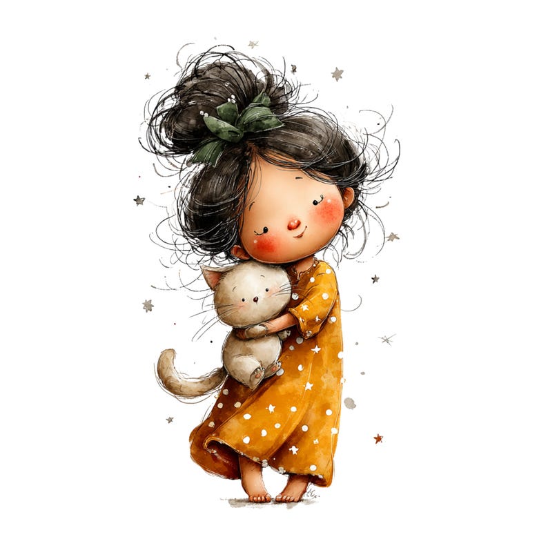 May include: A digital illustration of a young girl with dark hair in a bun, wearing a mustard yellow dress with white polka dots, hugging a white cat. The image has a soft, watercolor style with star accents.