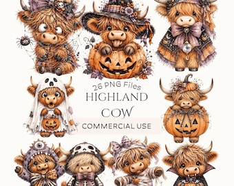 Halloween Highland Cow Clipart Bundle: Cute Spooky Cow PNGs, Witch Pumpkin Ghost Vampire Graphics (Digital Download - 26 PNGs)