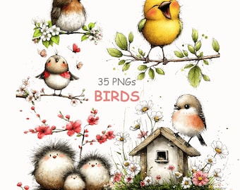 Paquete de imágenes prediseñadas de pájaros caprichosos: Gráficos de acuarela primaverales (Descarga digital)
