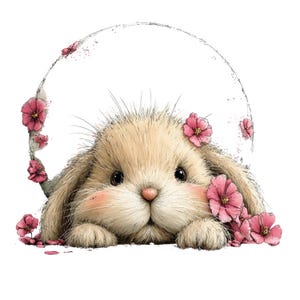 May include: A cute illustration of a bunny with light brown fur, pink cheeks, and big black eyes. The bunny is surrounded by pink flowers and a circular frame. The artwork has a soft, whimsical style, perfect for children's decor or spring-themed designs.