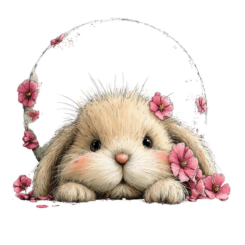 May include: A cute illustration of a bunny with light brown fur, pink cheeks, and big black eyes. The bunny is surrounded by pink flowers and a circular frame. The artwork has a soft, whimsical style, perfect for children's decor or spring-themed designs.