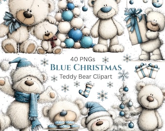 Christmas Teddy Bear Blue Clipart: Whimsical Festive Graphics (Digital Download - 40 PNGs)