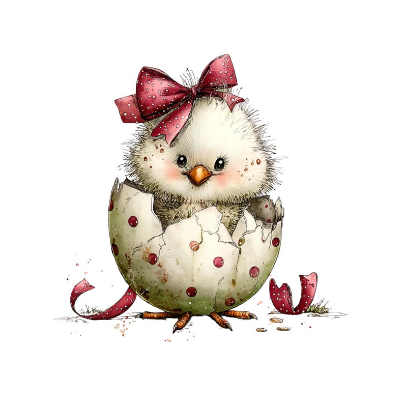 May include: A watercolor illustration of a baby chick hatching from a speckled egg. The chick has fluffy white feathers, rosy cheeks, and a burgundy bow with white polka dots. The egg is off-white with red polka dots and cracked open.