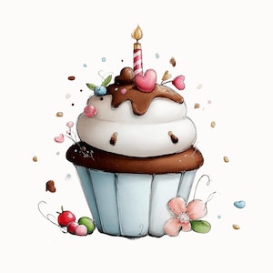 May include: A watercolour illustration of a cupcake with white frosting, chocolate drizzle, and a lit candle. The cupcake sits in a light blue paper cup and is decorated with pink hearts, flowers, and berries. Sprinkles and other decorative elements surround the cupcake.