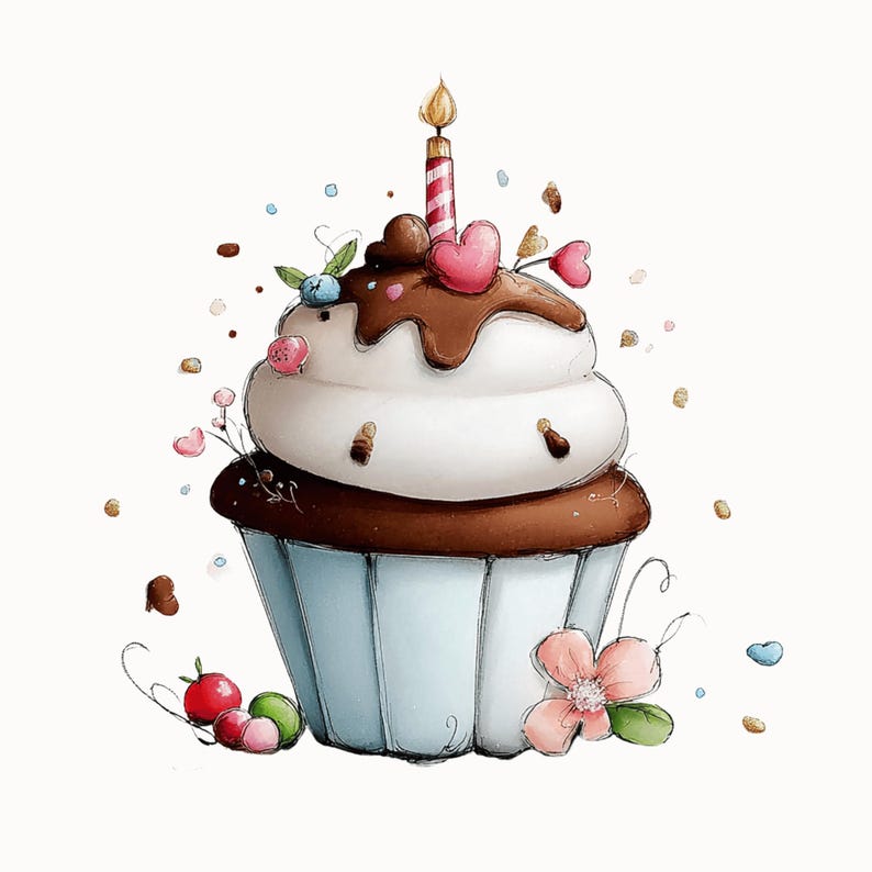 May include: A watercolour illustration of a cupcake with white frosting, chocolate drizzle, and a lit candle. The cupcake sits in a light blue paper cup and is decorated with pink hearts, flowers, and berries. Sprinkles and other decorative elements surround the cupcake.