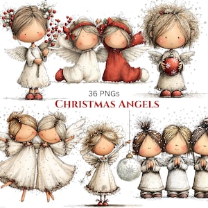 May include: A collection of watercolor illustrations featuring Christmas angels. The angels are depicted in various poses, wearing white dresses, wings, and halos. Some hold ornaments or berries. The text "36 PNGs" and "CHRISTMAS ANGELS" is displayed.