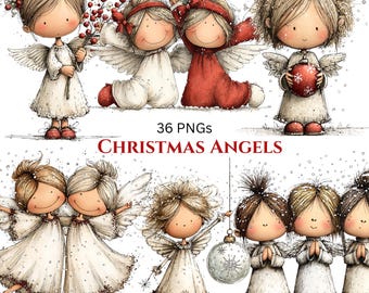 Whimsical Christmas Angels Clipart: Cute Holiday Graphics (Digital Download - 36 PNGs)