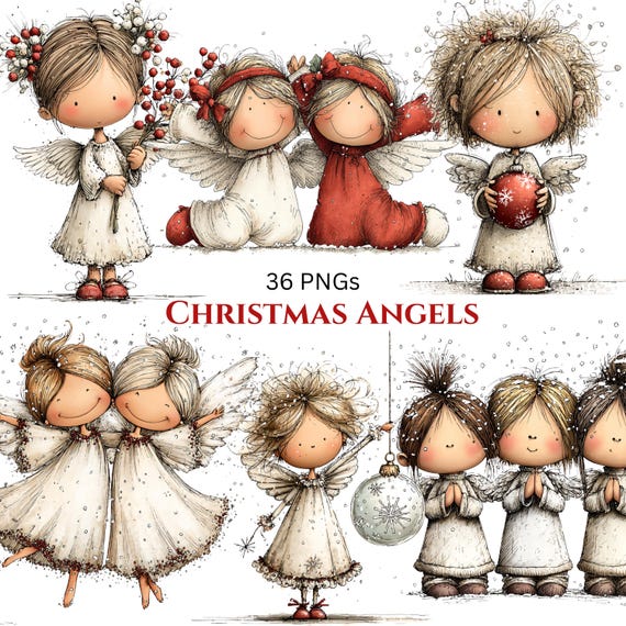 Whimsical Christmas Angels Clipart: Cute Holiday Graphics (Digital Download - 36 PNGs)