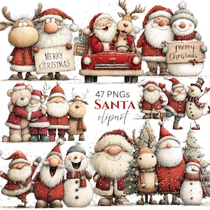 Può includere: Una collezione di clipart a tema natalizio, con Babbo Natale, renne, pupazzi di neve e orsacchiotti. I personaggi indossano abiti rossi e bianchi, tenendo in mano cartelli con la scritta "Merry Christmas". L'immagine include il testo "47 PNGs SANTA clipart".