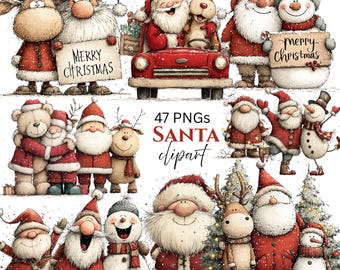 Cute Santa Claus Christmas Clipart: Whimsical Festive Graphics (Digital Download - 47 PNGs)