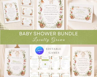 Locally Grown Baby Shower Invitation Bundle, Editable Canva Template, Little Sprout Garden Baby Shower Games, Diaper Raffle, Thank You Cards