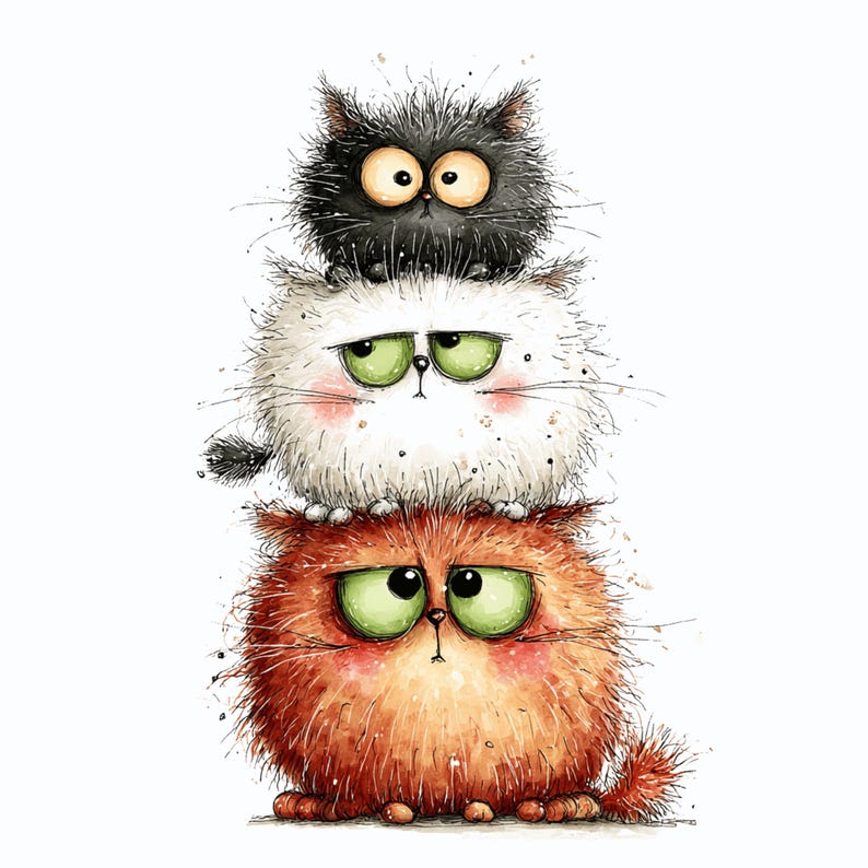 Imágenes prediseñadas de gatos peculiares: lindas ilustraciones de gatos de dibujos animados, imágenes prediseñadas divertidas de gatos para manualidades y pegatinas (descarga digital - 30 PNG) imagen 11