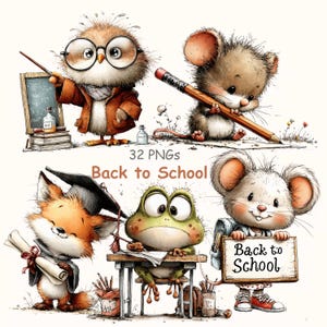 Puede incluir: Ilustraciones de animales de dibujos animados con temática escolar. Un búho con gafas y un puntero, un ratón con un lápiz, un zorro con birrete, una rana en un escritorio y un ratón sosteniendo un letrero de "Back to School". También está presente el texto "32 PNGs Back to School".
