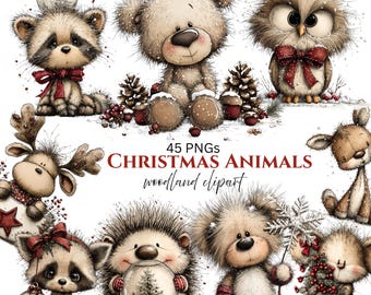 May include: A collection of whimsical Christmas animal illustrations, including a raccoon, bear, owl, deer, hedgehog, and dog. Each animal is adorned with festive details like bows, ornaments, and snow. The text reads "45 PNGs CHRISTMAS ANIMALS woodland clipart."